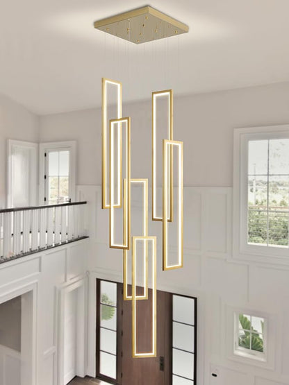 Flashing God Modern Chandelier,Gold Chandelier with 6 Ring Led Foyer Chandeliers,Larger High Ceiling Chandelier for Living Room,Square Chandelier for Entryway Staircase LED Dimming 2700k-6001k