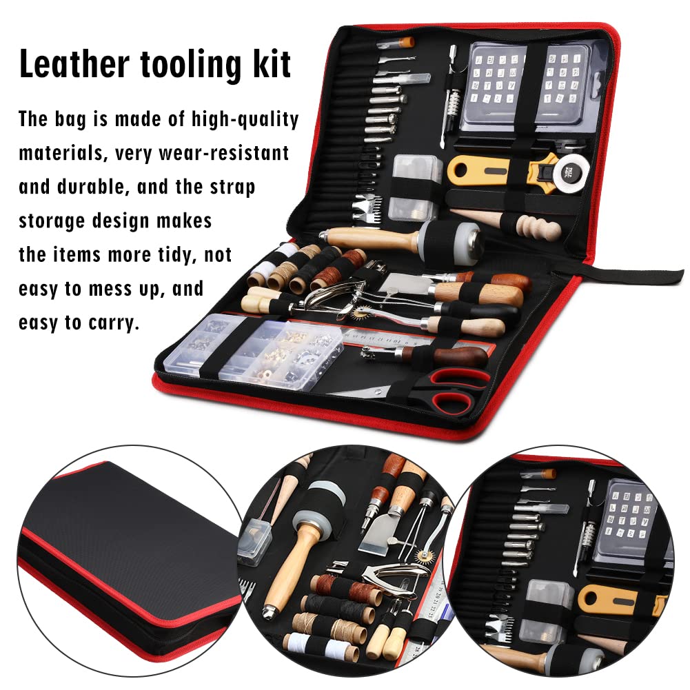 TLKKUE Leather Working Kit - Beginner's Leather Crafting Tool with Storage Bag, Leatherworking Tooling Kit for Sewing, Carving, Punching, Cutting, Stamping Tools