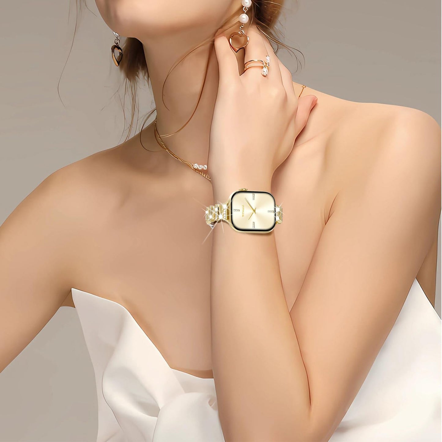 WINGLE Leather Band Compatible for Gold Apple Watch Band Women 46mm 45mm 44mm 42mm Series 11 10 9 8 7 6 5 4 SE 3 2 1 Luxury Dressy Slim Elegant Leather Metal Chain Strap Bling Link Bracelet,Gold/White