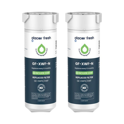GLACIER FRESH Water Filter Compatible with XWFE (Built-in CHIP), Replacement for GE XWFE, XWF Refrigerator Water Filter NSF/ANSI 42 Certification Pack of 2