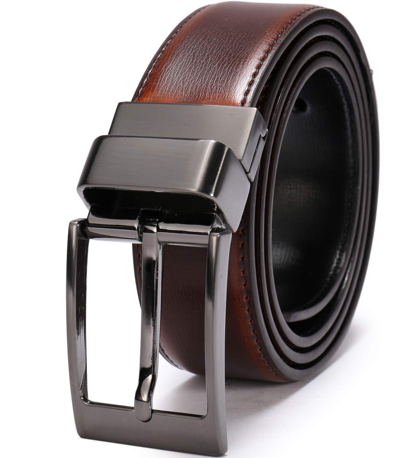 beltox fine Men's Dress Belt Leather Reversible 1.25" Wide Rotated Buckle Gift Box（Black Buckle with Cognac/Black Belt,30-32）