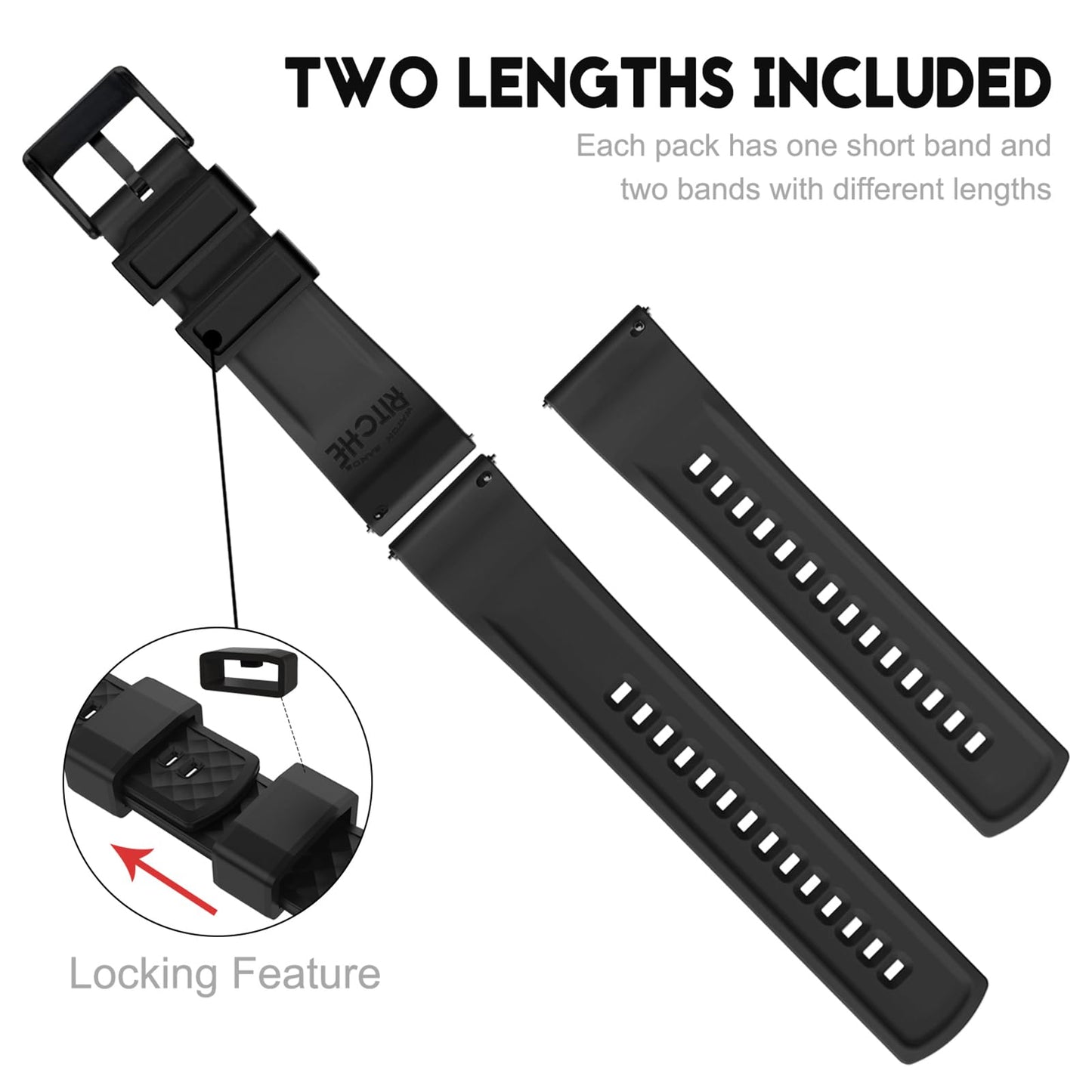 Ritche Silicone Watch Bands 18mm 20mm 22mm 24mm Quick Release Rubber Watch Bands for Men, Black / Black, 20mm, Classic,Sport