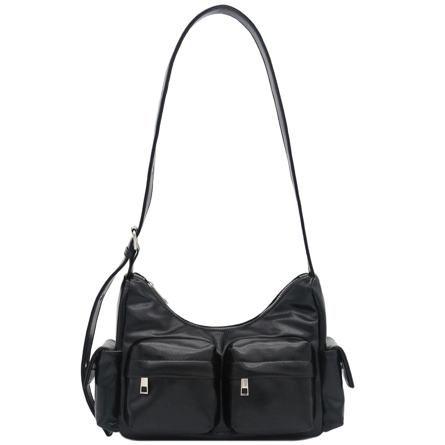 FashionPuzzle Glossy PU Leather Multi Pocket Shoulder Bag Hobo (Black)