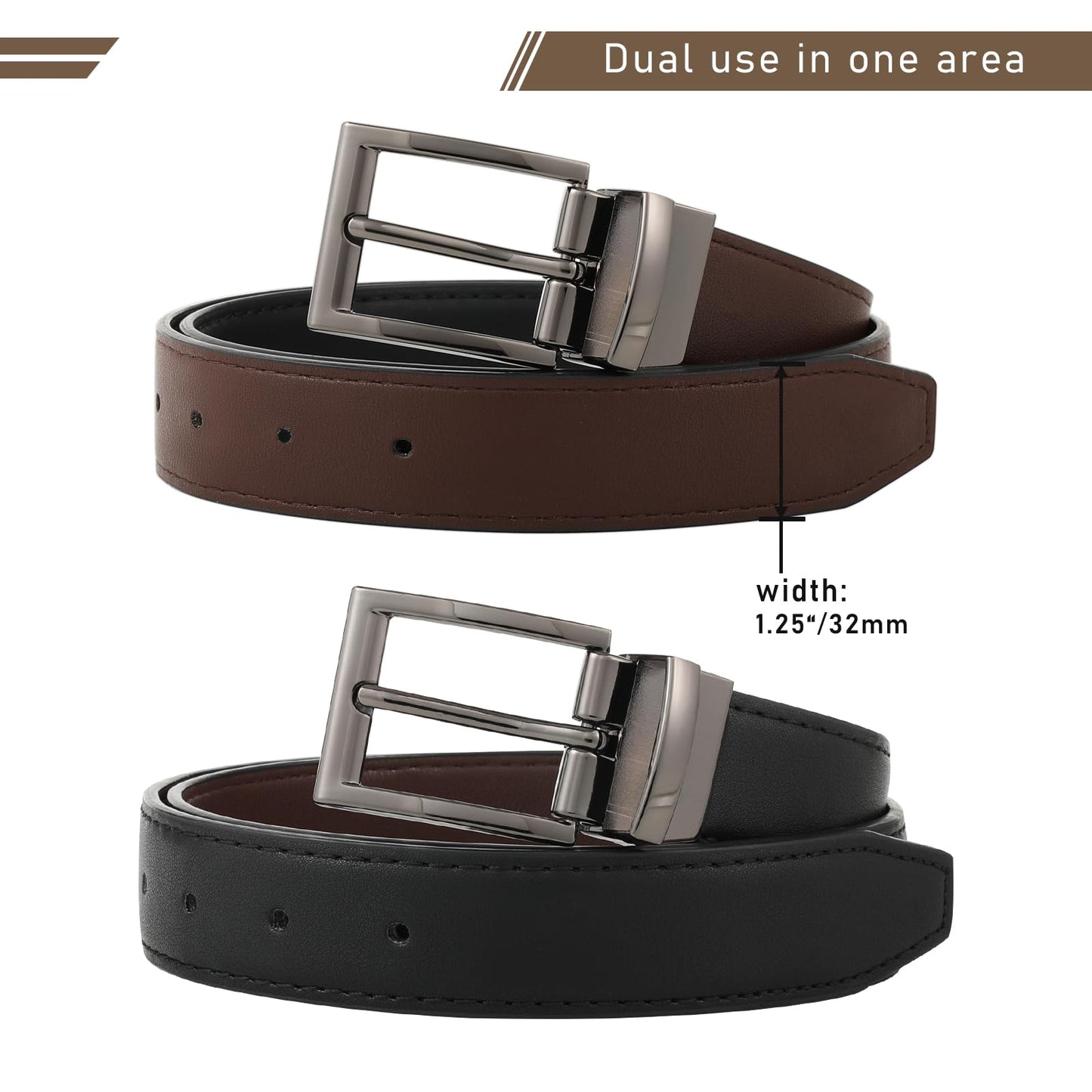 AWAYTR Reversible Leather Belt for Women - Two Color-in-One Belt for Jeans Dress Women Men Belt with Rotated Buckle(Coffee/Black with Gun Color Buckle 25in-31in)