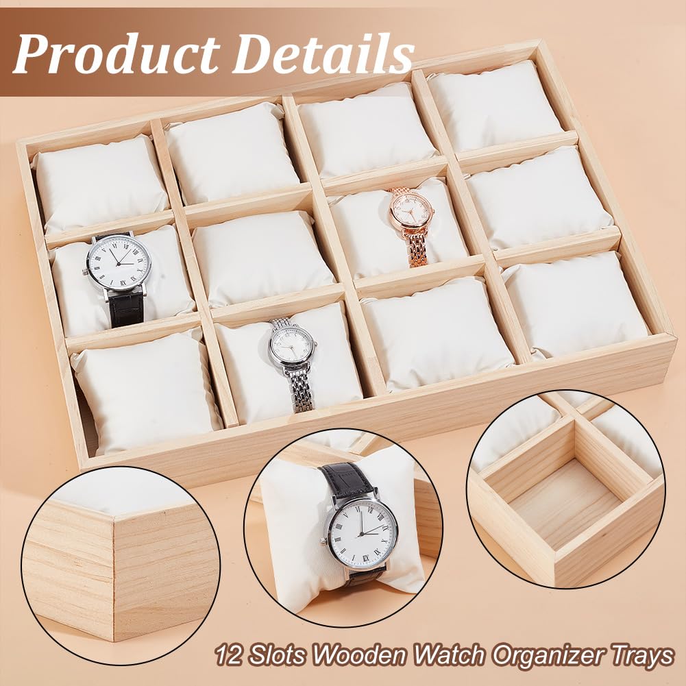 PH PandaHall 12 Slot Wooden Watch Organizer Tray Display Holder with Removable PU Leather Pillows, Stackable Jewelry Bracelet Storage Tray for Drawer Watch Display Showcase, White