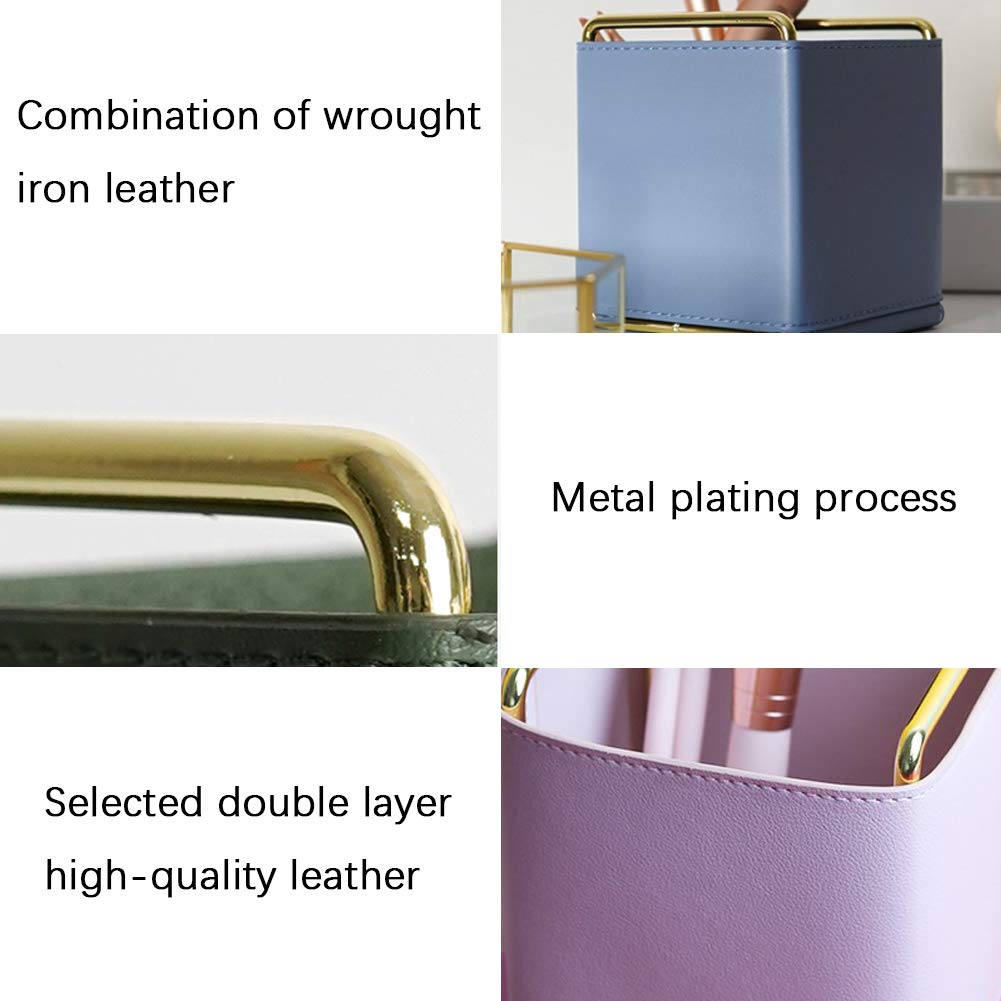 Kelendle Leather Pencil Holder Desktop Organizer Iron Art Desktop Makeup Brush Remote Control Storage Box Office Pen Holder for Desk Brown
