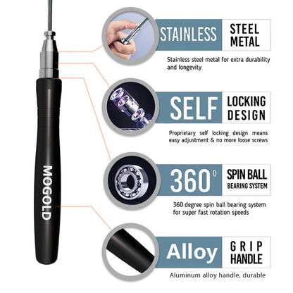 Mogold 10ft Workout Jump Rope Length Adjustable - Boxing Jump Rope with Metal Grip & 2.0mm 3.0mm Thick Cable,Self-Locking Tangle-Free, Best Cardio & Endurance Training