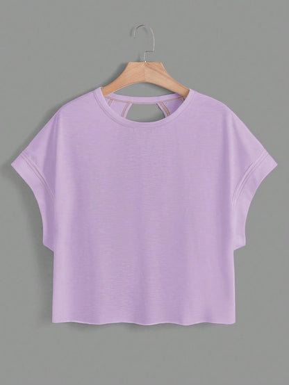 WDIRARA Women's Back Keyhole Workout Yoga Tops Loose Fit Short Sleeve T Shirt Lilac Purple L
