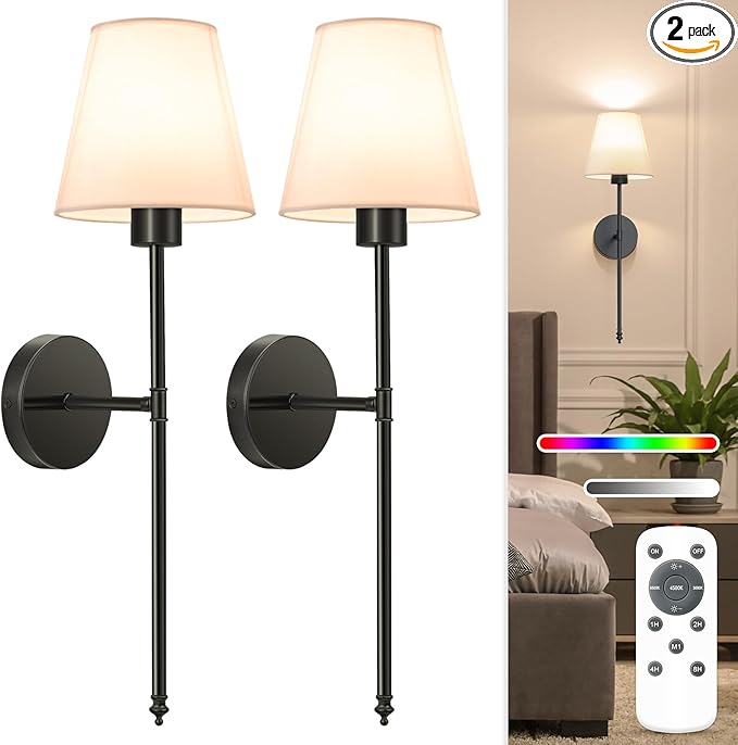 NIORSUN Battery Operated Wall Sconce Set of 2,Black Rechargeable Wall Lights with 5200mAh Dimmable Detachable Bulbs and Remote, 10 Colors Wireless Wall Lamps for Bedroom Living Room Hallway Decor