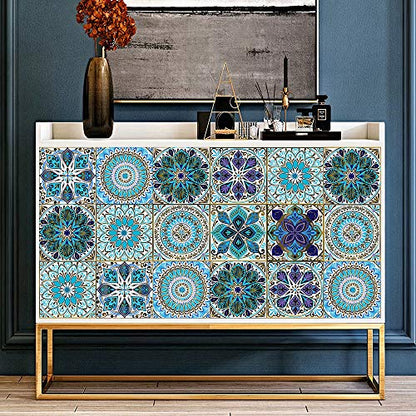 25PCS 4x4 Inch Mandala Tile Stickers, Peel and Stick Self Adhesive Removable Moroccan Tiles Backsplash Waterproof Oil Proof for Bathroom & Kitchen Wall Stickers Home Decor
