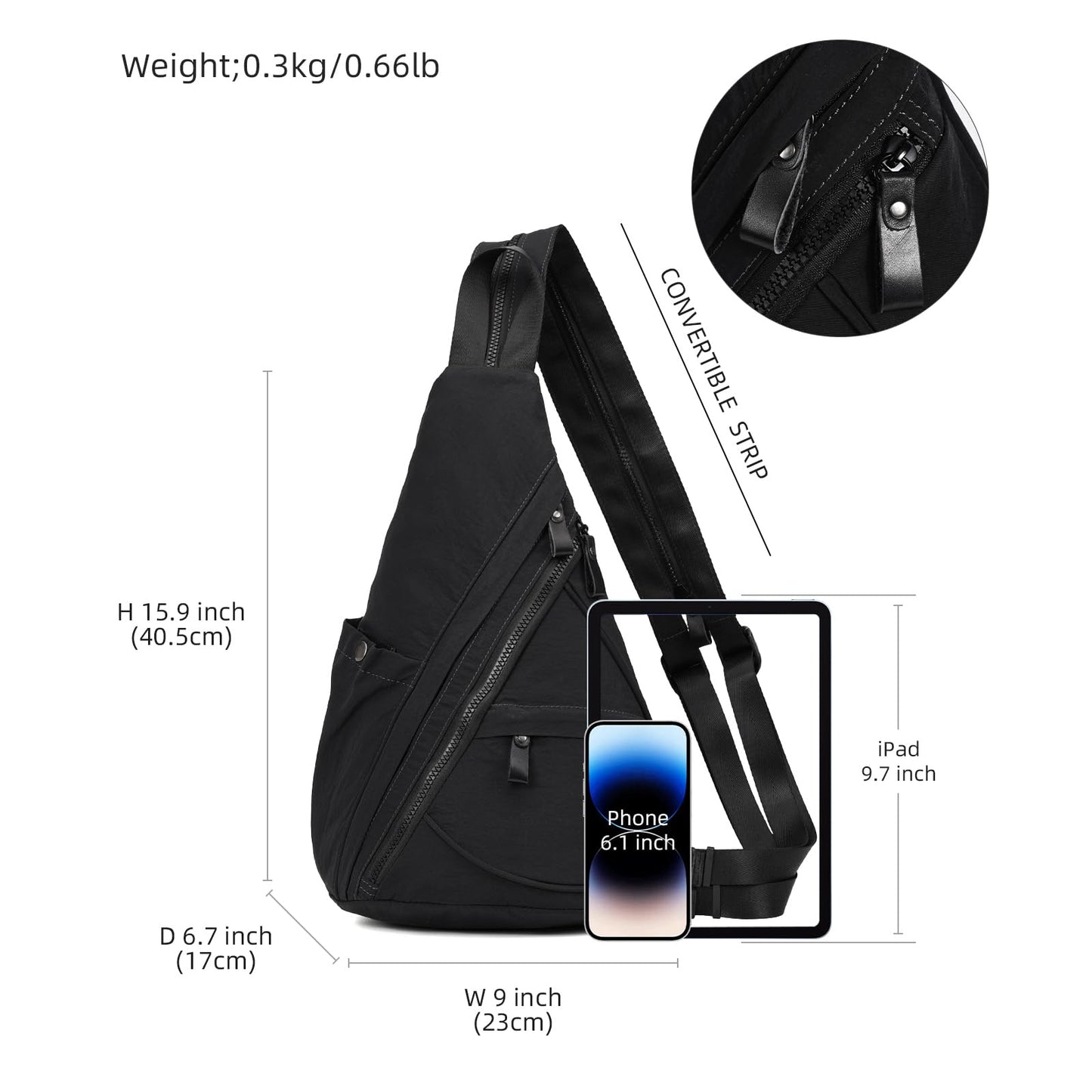 KL928 Crossbody Sling Backpack Nylon Cross Body Bag Travel Hiking Shoulder Bags Daypack Rucksack Unisex (Black)