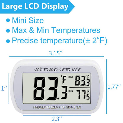 Refrigerator Thermometer Digital Fridge Freeze Room Thermometer Waterproof Large LCD Display Max/Min Record Function, White
