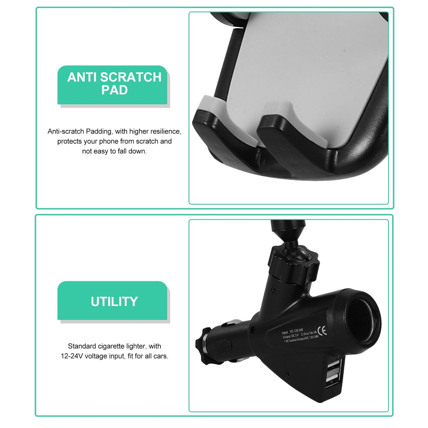 Veemoon Portable Electronic Device Mount for 3-6.5 inch Phones, Dual USB Car Charger Lighter Phone Holder