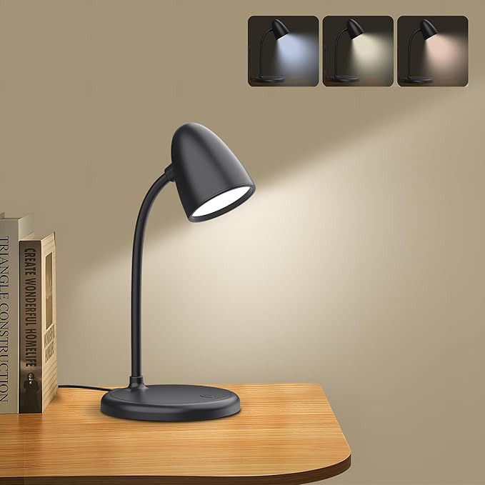 LED Desk Lamp for Home Office,3 Light Colors,Flexible Gooseneck Table Lamp,Dimmable Reading Light for Bedside Small Desk Lamp for College Dorm Room,Bedroom Desk Light,Black