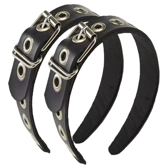 BaBakiak Gothic Punk Style Metal Buckle Headband for Women, Belt design Black Leather Headband, 2-Piece Set Hair Accessories