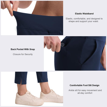 QBK Women's Petite Ankle Pants - 25"/27" Stretchy Business Casual Slacks, Pull On Work Dress Pants with Pockets for Travel, Golf & Yoga(Navy,M,25" Inseam)