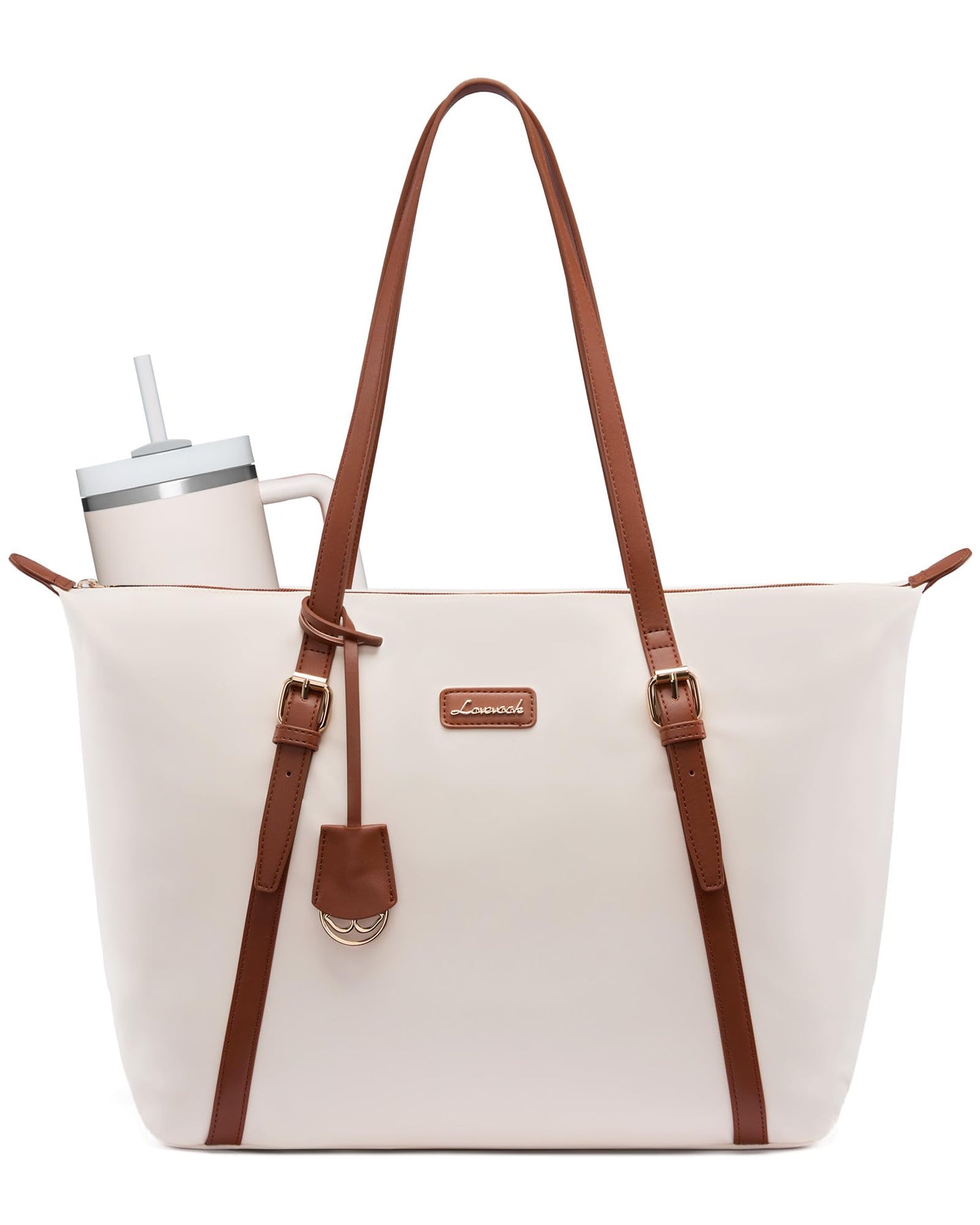 LOVEVOOK Laptop Bag for Women with Large Cup Holder, 15.6 Inch Cute Nylon Work Travel Tote Bags, Waterproof Computer Bag Shoulder Purse, Beige