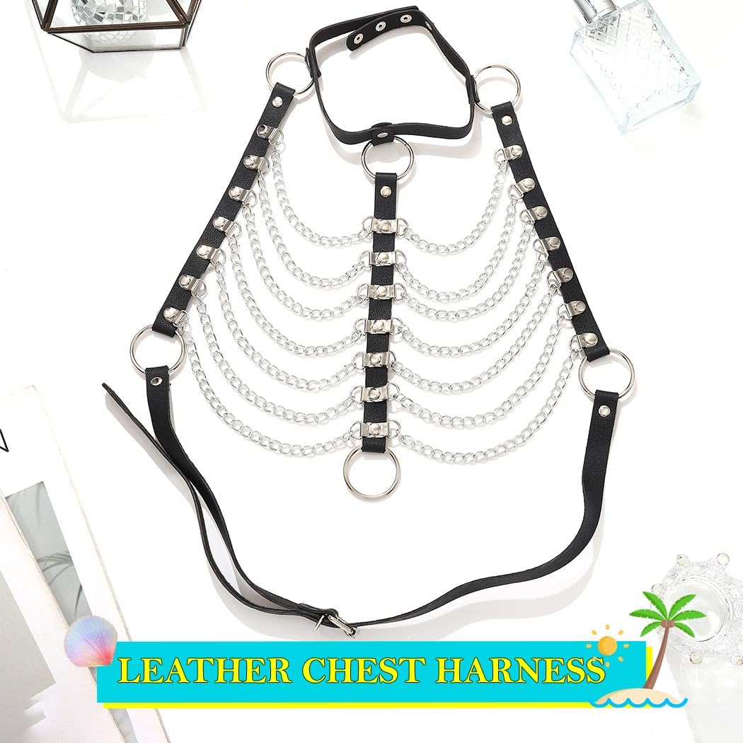REETAN Leather Chest Harness Chain Gothic Rave Black Fashion Body Accessories for Women