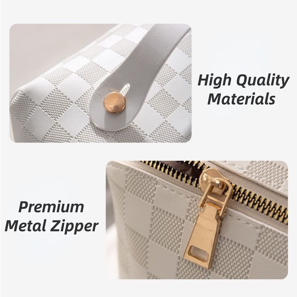 BIVIZKU Checkered Makeup Bag,180° Flat Open Cosmetic Bag for Women,Large Capacity Travel Toiletry Bag with Brush Pouch,Waterproof PU Leather Make Up Organizer for Skincare & Makeup (white-checkered)