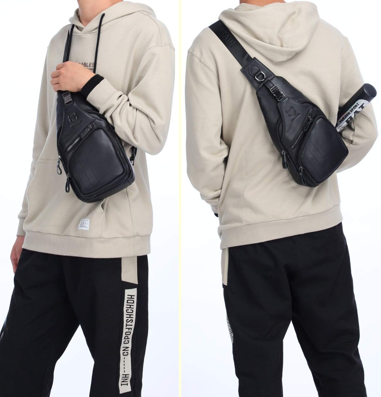 BULLCAPTAIN Leather Men Sling Bag Casual Crossbody Chest Bags Travel Daypack (Black)