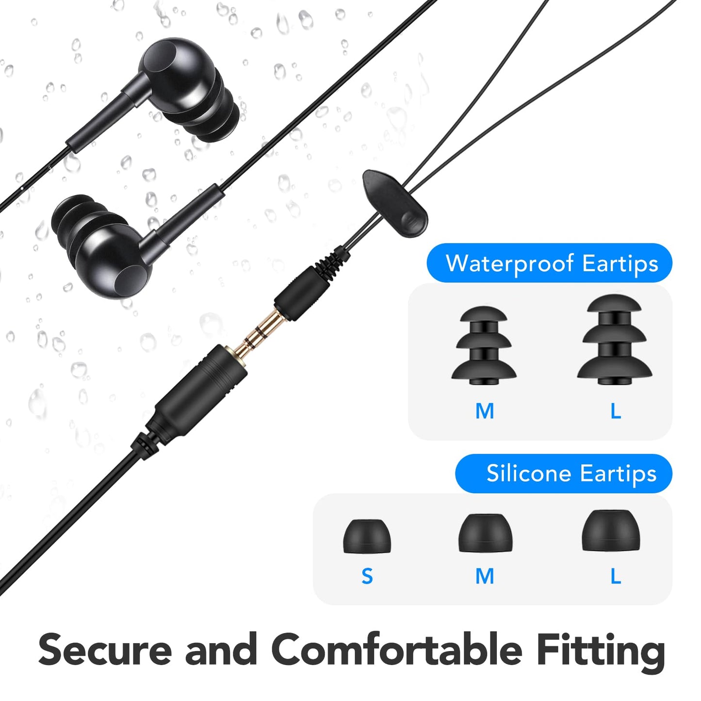 AGPTEK IPX8 Waterproof in-Ear Earphones, Coiled Cable Swimming Earbuds with Stereo Audio Extension Cable, Wired,Black