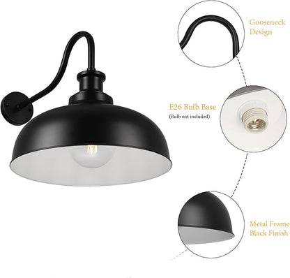 Outdoor Gooseneck Barn Light,16 Inch Dome Outdoor Wall Sconce Farmhouse Exterior Wall Mount Light Vintage Wall Lighting Fixture Industrial Black Wall Lantern for Porch, Entryway, Garage, 3 Pack