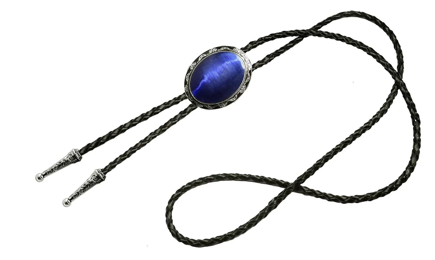 Moranse Bolo Tie with Natural Blue Gem Stone Cowboy Style Genuine Cowhide Rope