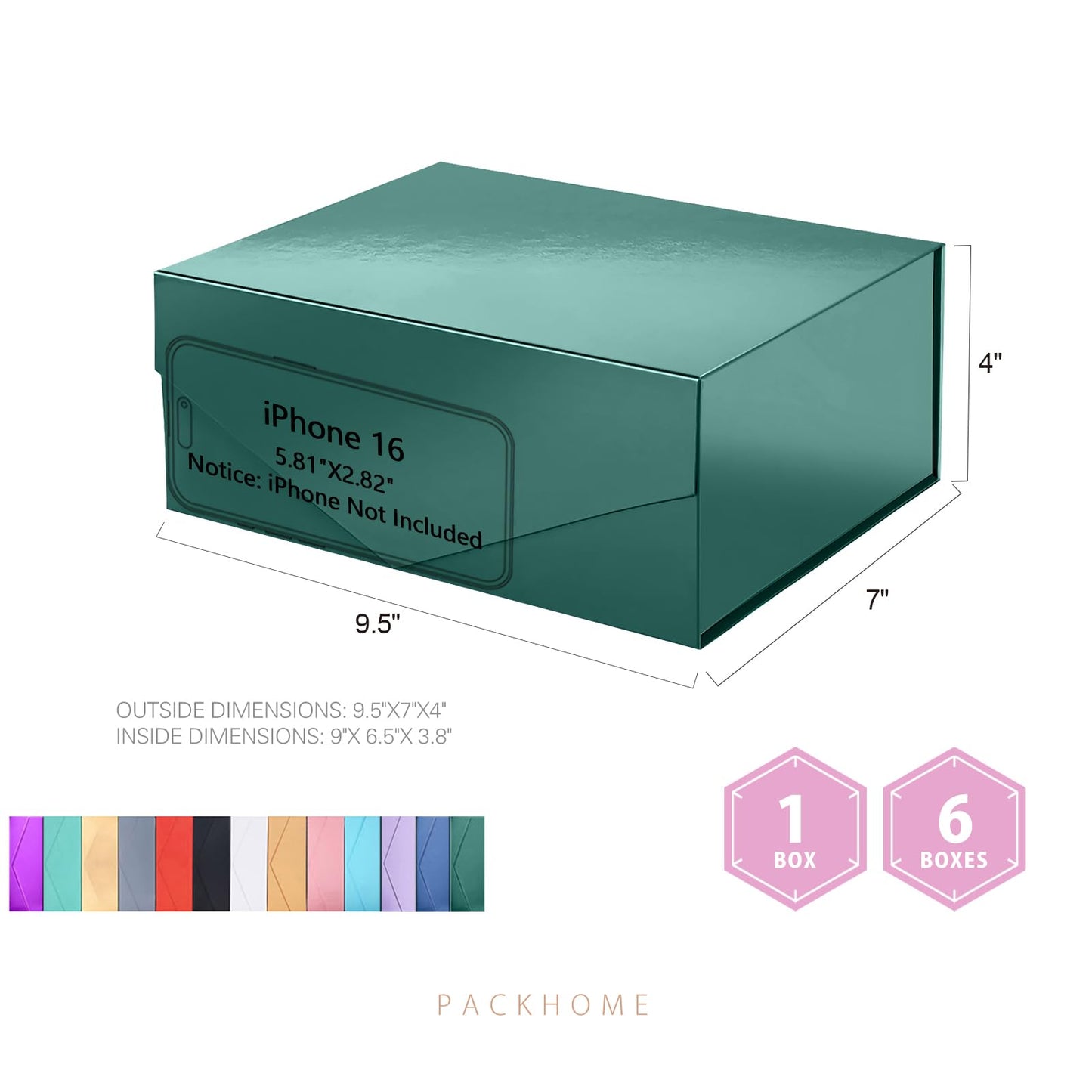 PACKHOME 6 Gift Boxes 9x6.5x3.8 Inches, Rectangle Collapsible Boxes with Magnetic Lids for Xmas Gift Packaging (Glossy Dark Green)