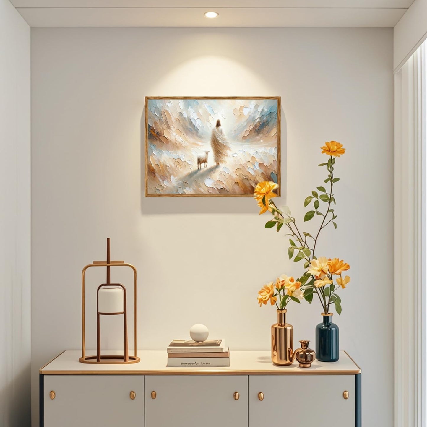 Framed Jesus leaves the 99 Sheep Canvas Wall Art, Christian Jesus and Lamb Wall Decor Paintings, Bible Good Shepherd Poster Prints Religious Home Decor for Living Prayer Room Church 12x16 inch