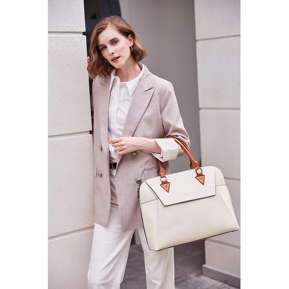 BOSTANTEN Briefcase for Women Leather 15.6 inch Laptop Shoulder Bag Office Work Crossbody Handbag Beige-White