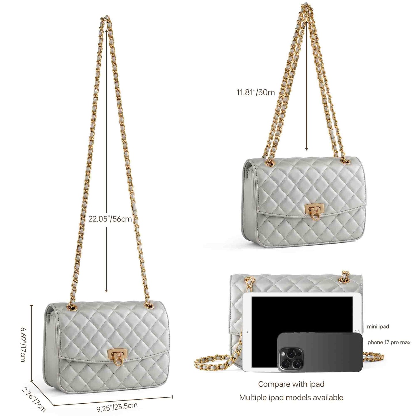 GEMIU Quilted Crossbody Purse Formal Small Women's Shoulder Handbags for Womens Clutch Purses with Gold Chain Dressy Sliver