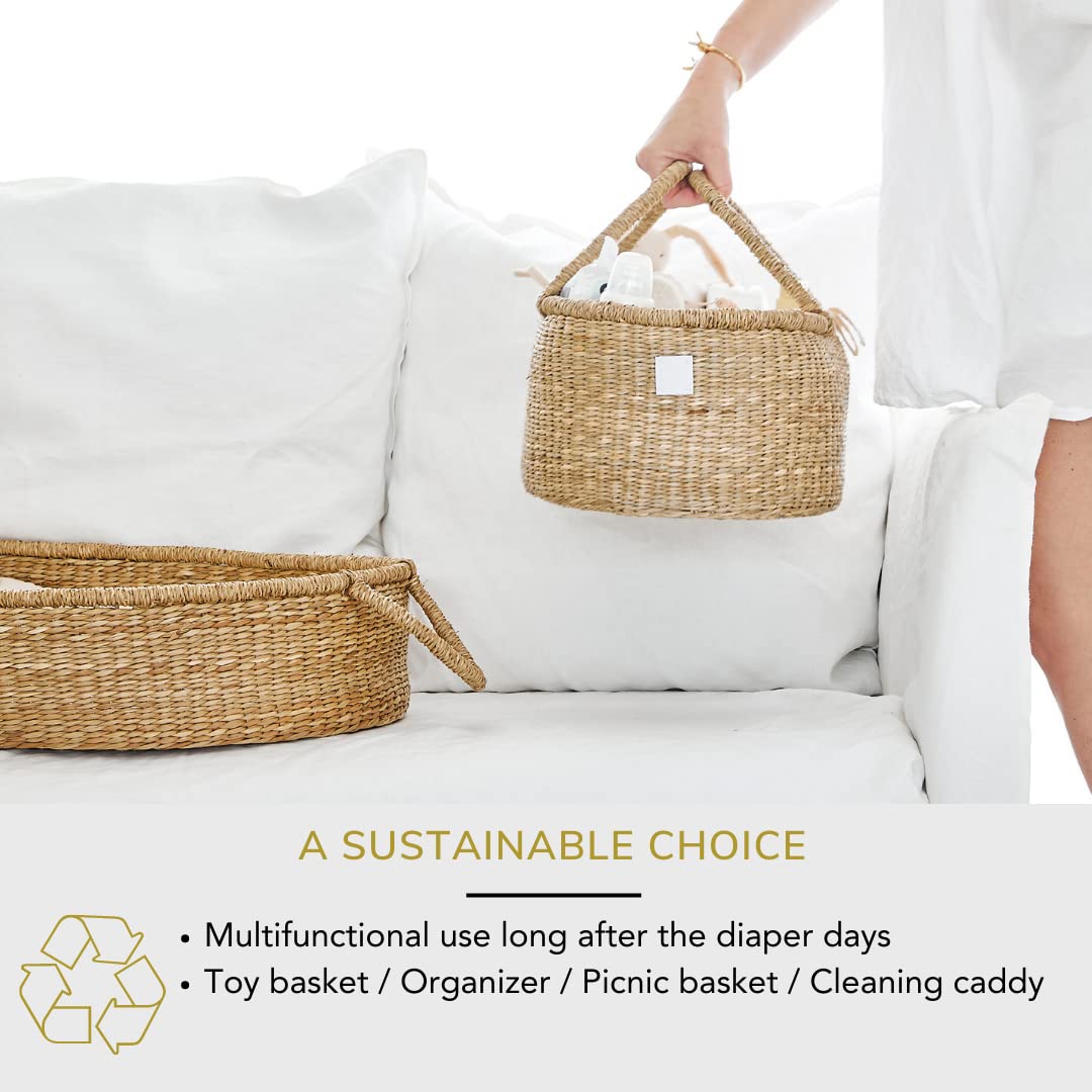 BEBE BASK Premium Baby Diaper Caddy Organizer - Artisan-Made Seagrass Basket With Cotton Divider - Award-Winning & Luxury Diaper Caddy Basket (ROSA)