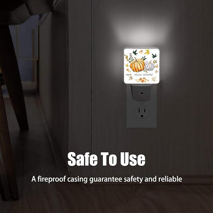 Hello Autumn Night Light, Orange Pumpkins Night Lights Plug into Wall Decor for Bedroom, Bathroom, Hallway, Kitchen, Dusk to Dawn Sensor Nightlights for Boys Girls Women Men Room Gifts