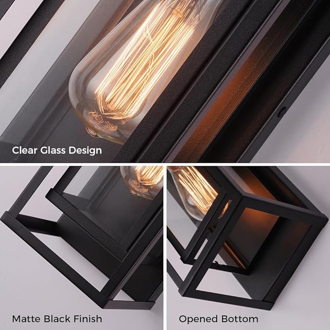 Cerdeco 14” Modern Outdoor Wall Sconce with Rectangular Metal Frame and Transparent Glass Shade,Black Outdoor Lighting for Garage Porch Patio Pack of 2