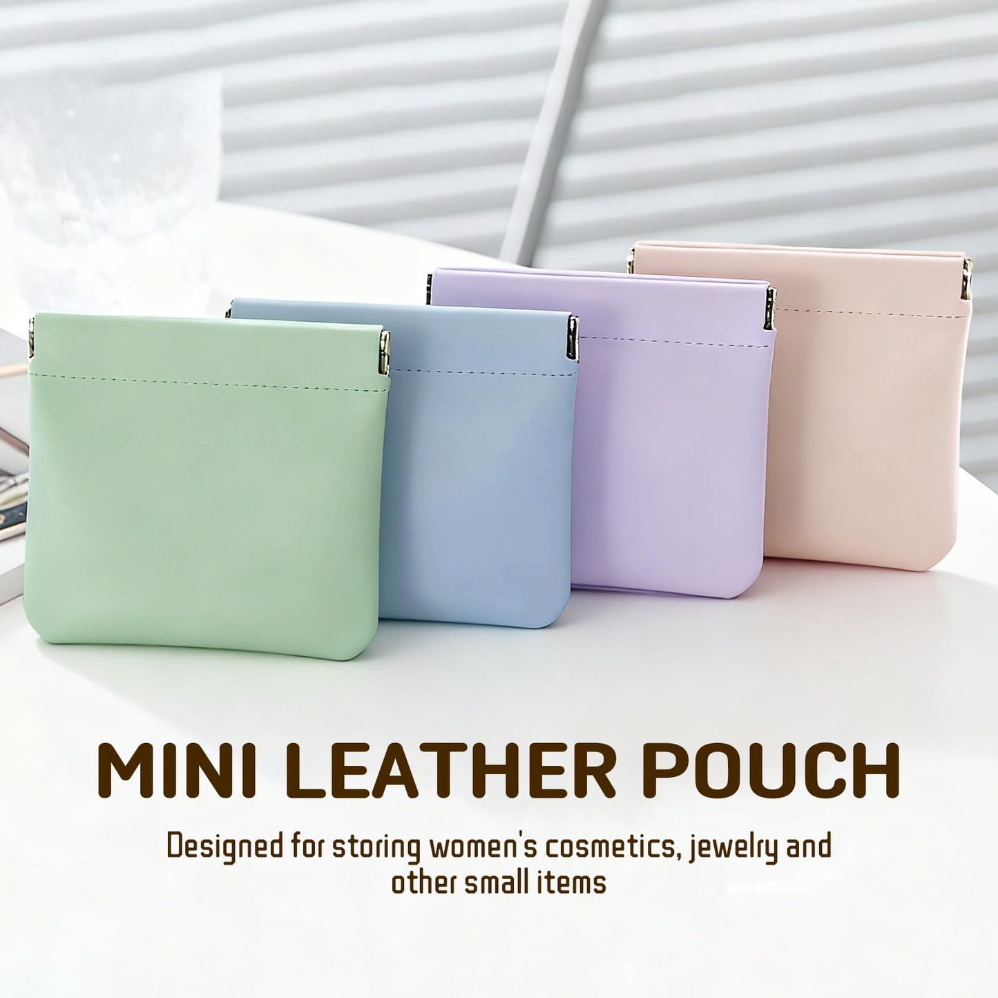 4Pcs Personalized Snap Closure Leather Organizer Pouch, Lambskin Pocket Cosmetic Bag, Portable Self-Closing Small Makeup Bag for Purse Women Mini Travel Coin Storage Pouches(4.7 * 4.5in)