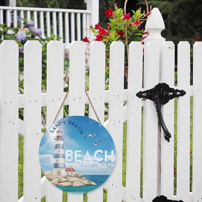 Welcome Sign Wooden Wreath Watercolor Sea Lighthouse for Front Door Wall Window Festival Farmhouse Porch Patio Garden Decor,12in