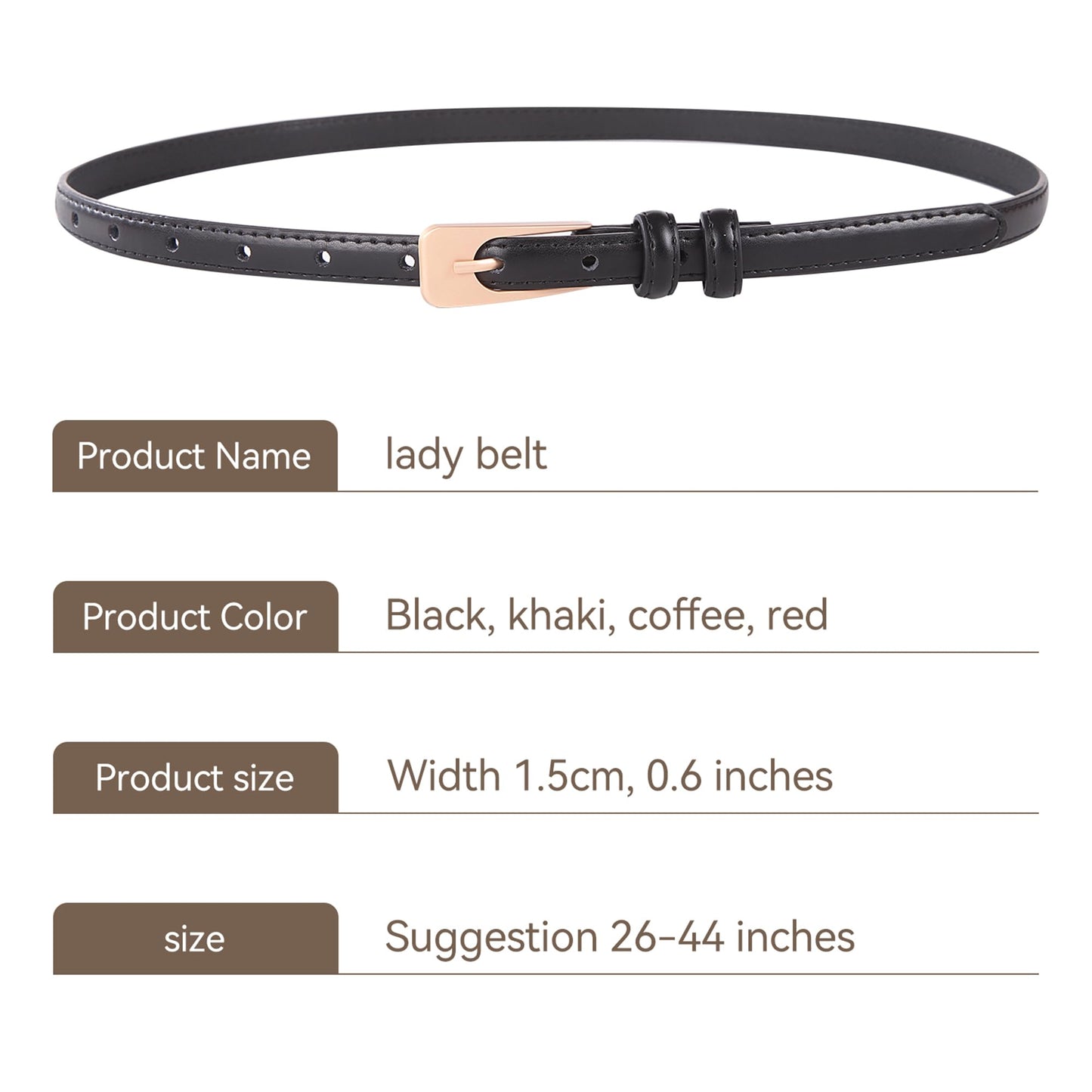 KONQUWA Women Leather Belt Casual Fashion ladies Skinny Belt for Jeans Coats Pant Dress Waist Belt with Gold Buckle(Black/Gold Buckle,26″-32″)
