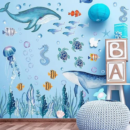 142 Pcs Ocean Wall Decals, Marine Life Peel and Stick with Turtles & Whale Shark, Non-Toxic Vinyl Stickers for Kids Room Nursery Bathroom Decor (Blue)
