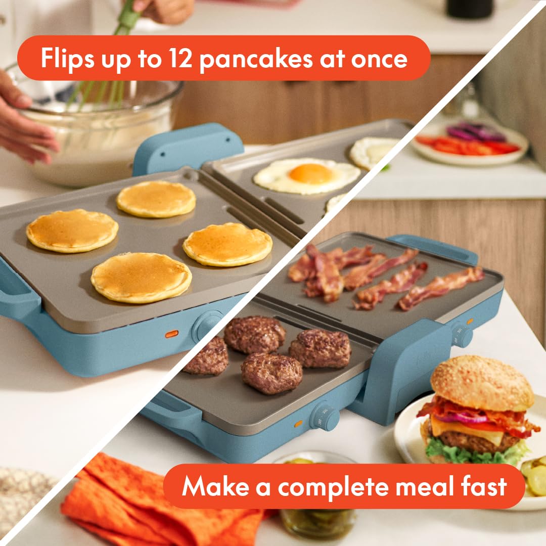 Bella 10"x 20" Ceramic Fold-n-Store Dual Temp Griddle, Fits-anywhere Kitchenware, EverGood Ceramic Nonstick Coating, 2 Temperature Zones up to 400°F, Dishwasher Safe Drip Tray, 1500 Watt, Oatmilk