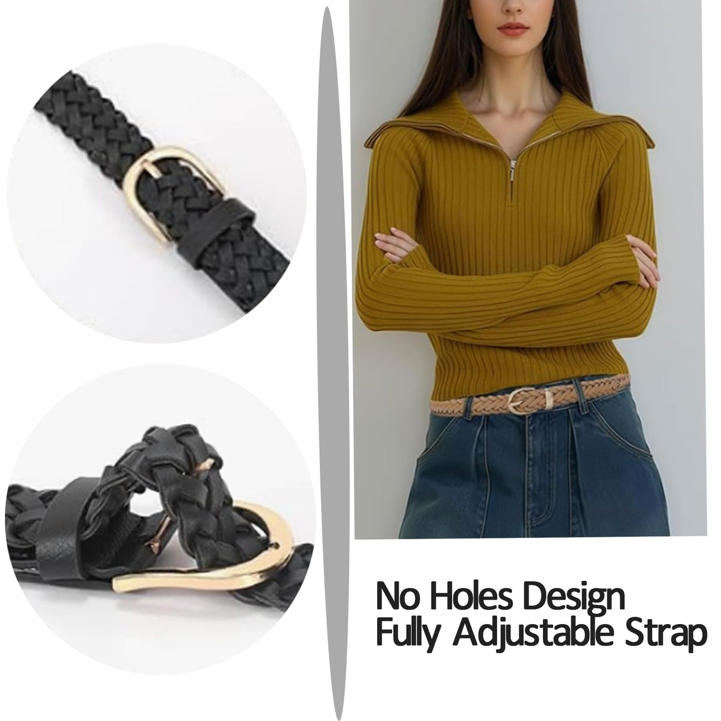 iRIIRIO 2pcs Skinny Braided Belts for Women Girls Thin Classic PU Leather Woven Waist Belt Strap for Jeans Pants Dress (Black+Khaki)