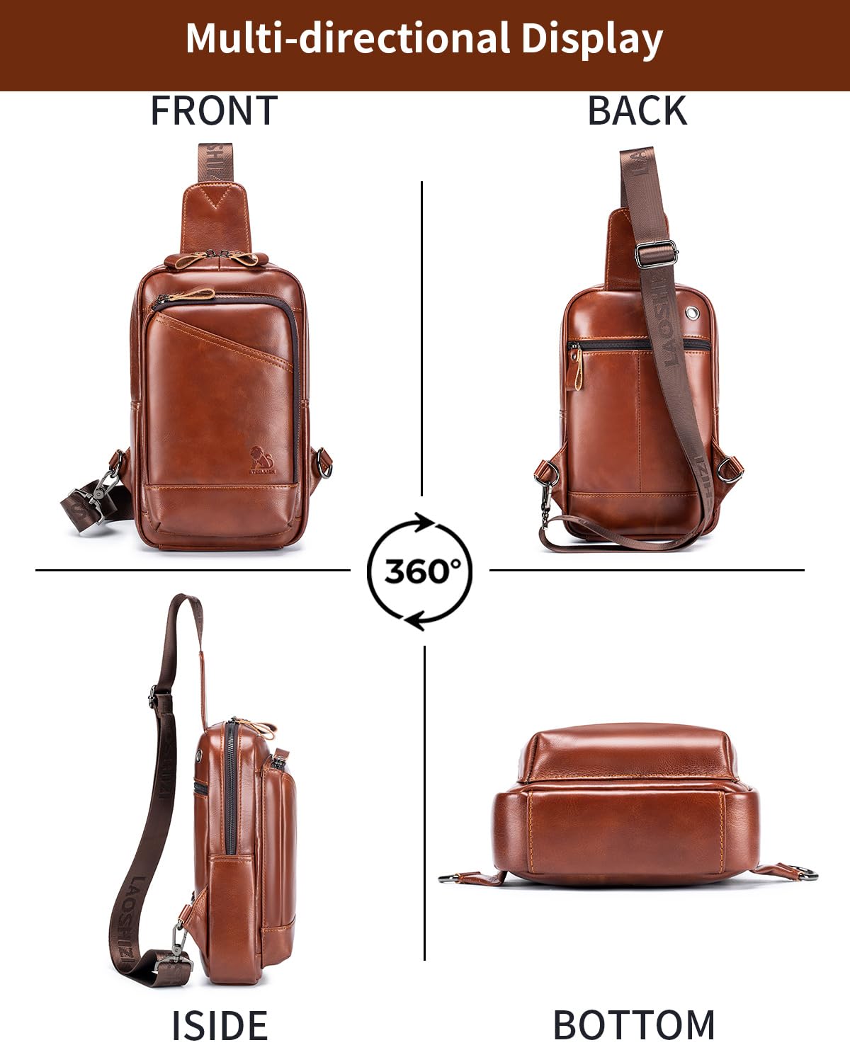 STEELLION Leather Crossbody Bag for Men, Genuine Cowhide Chest Bag with Large Capacity, 3 Card Slots, 2 Pen Holders and Organizer, Men's Sling Bag for Business, Travel, Casual and Daily Use (Brown)