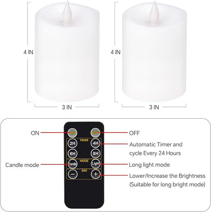 3x4 Flickering Flameless Candles Set of 2,Real Wax LED Battery Operated Candles,with Timer,4 inch Flameless Candles with Remote,for Holiday Home Decor,White