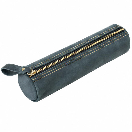 ECHSRT Vintage Leather Pencil Case for Men & Women | Classic Cylinder Pen Holder | Genuine Crazy Horse Leather Pouch | Full-Grain Cowhide Organizer for Work, College, Travel (Blue)