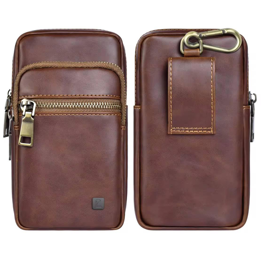 Leather Phone Holster with Belt Loop and Carabiner, Waist Phone Pouch for Smartphones up to 7.2 Inches, Compact Mobile Phone Bag with Zipper Pockets, Tan Brown