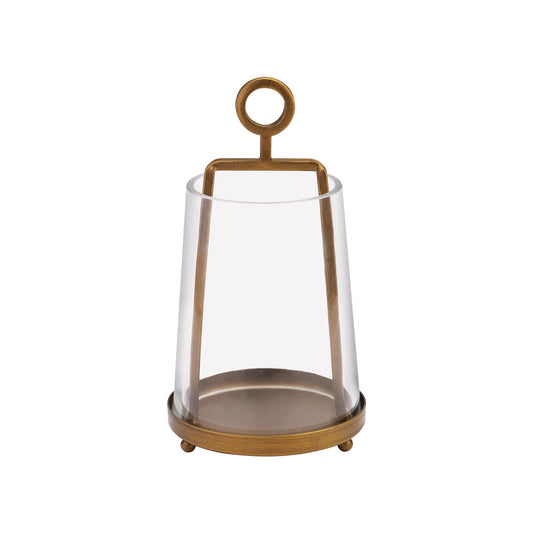 4“ Wide Modern Farmhouse Metal Hurricane Candle Holder with Handmade Sturdy Glass Sleeve in Vintage Brass for 2" Pillar Candle & Plants, Glass Hurricane Lantern, Industrial, Minimalistic