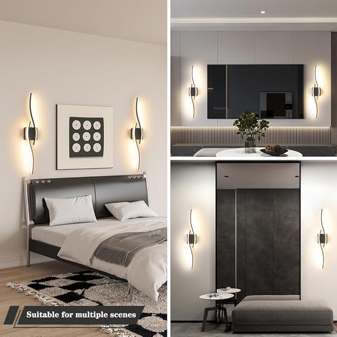 Modern Hardwired Wall Sconce Set of 2, LED Black Wall Light with Remote Control, RC Dimmable LED Wall Light Indoor, Wall Decor for Hallway Bedroom Living Room TV Wall, 27.56" in, Timer, Memory
