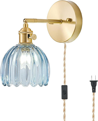 Plug in Wall Sconce, Vintage Sconce Light with Tulip Denim Blue Glass Lampshade, 180° Adjustable Wall Sconce with Switch and Plug in Wall Lamp Cord, Gold Wall Light for Bedroom Bedside