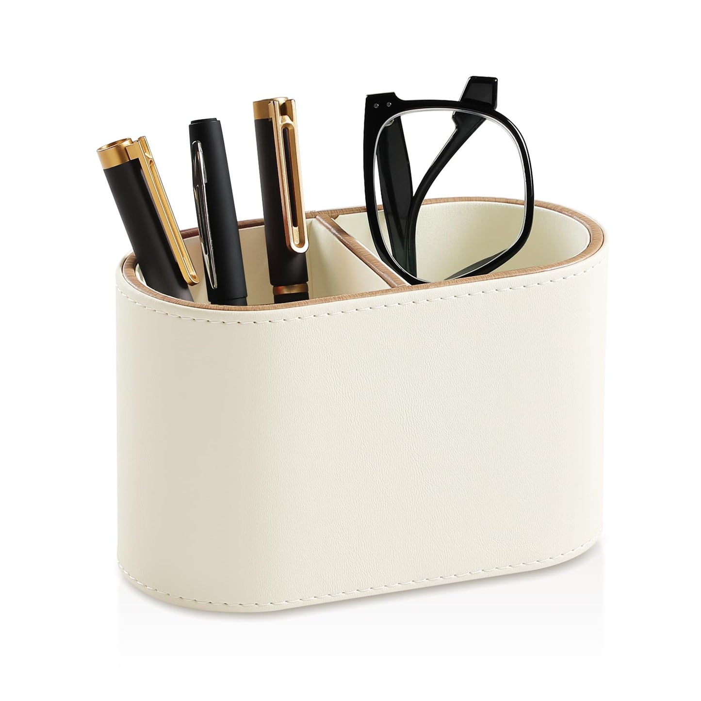 MEIBOOCH PU Leather Pen Holder for Desk, Small Remote Control Holder Pencil Cup Multifunctional Desktop Organizer Caddy for Home School Office Desk Accessories - 2 Compartments (Beige)