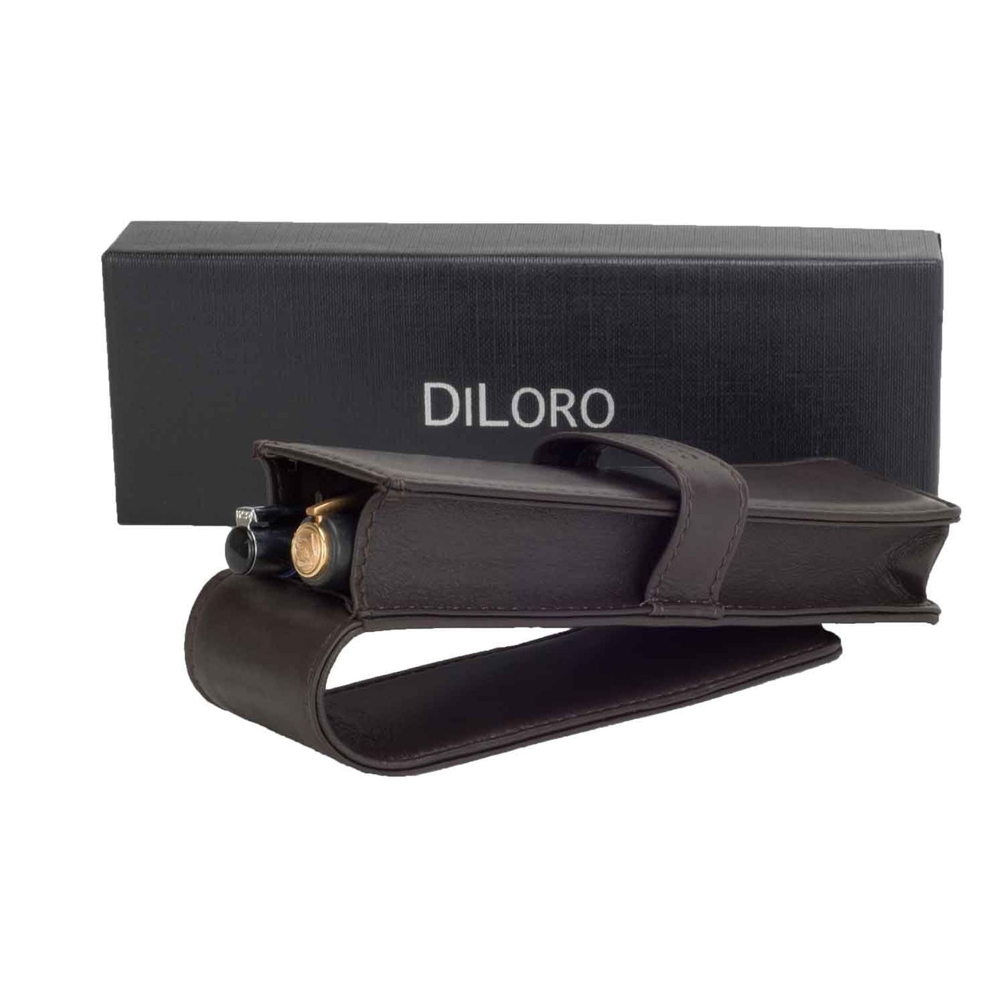 DiLoro Leather Double Pen Case Pencil Pouch Holder for Two Fountain Ballpoint Rollerball Pens and Pencils (Espresso Dark Brown)