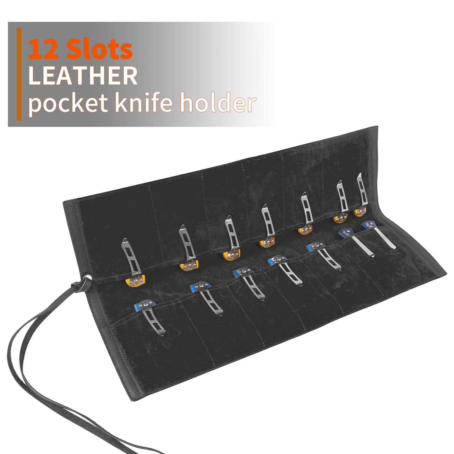 Baizoy Leather Knife Display Bag with 12 Slots Pocket Knives,Folding Knife Holder Organizer,Tactical Outdoor for EDC Mini Knife Bags, Leather Knife roll Collection Protector Bag (Black)